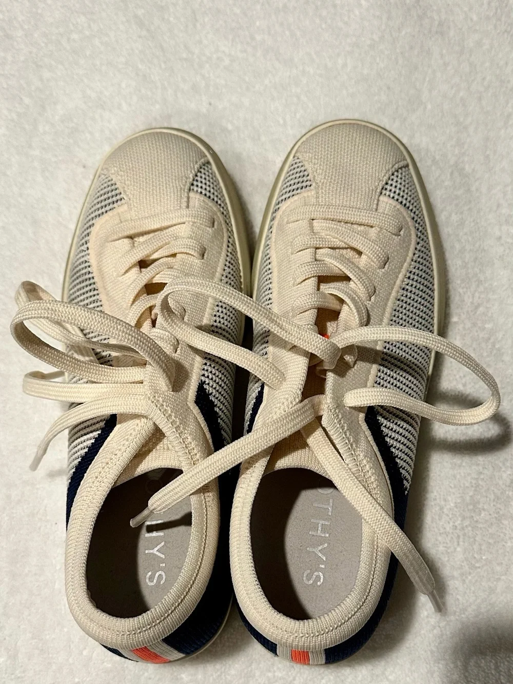Rothy's Cream Knit Sneakers with Navy Stripe